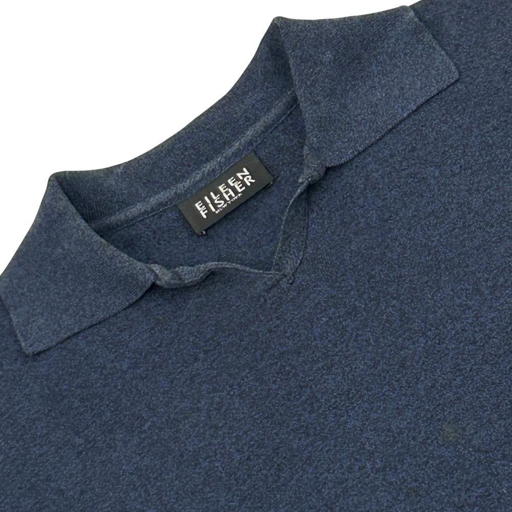 Eileen Fisher Knit Top Women M Navy Blue Cotton Long Sleeve Polo V-Neck Slit